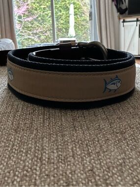 Southern Tide Belt - Navy and Tan Fish Pattern Leather-Trim Youth Belt